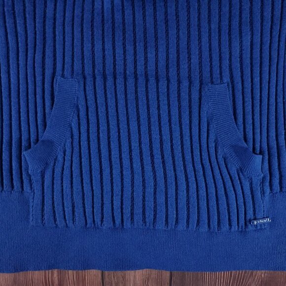 *Flaw Betabrand Seaside Jumper Womens Large Blue Knit Hooded Sweater Thumb Holes - Picture 5 of 12